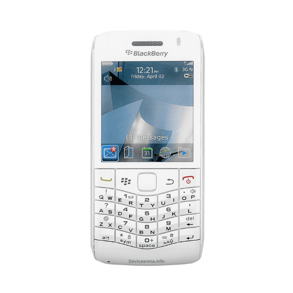 BlackBerry Pearl 3G 9100 smartphone with compact design, featuring a black exterior, SureType keyboard, and trackpad for navigation.