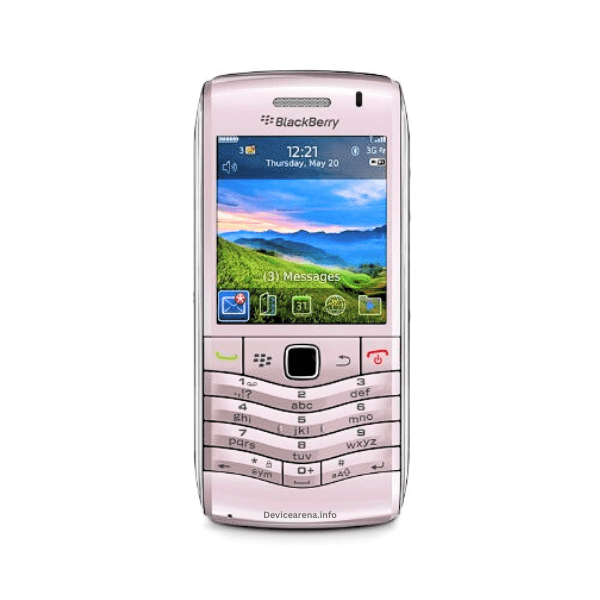 BlackBerry Pearl 3G 9100 smartphone with compact design, featuring a black exterior, SureType keyboard, and trackpad for navigation.