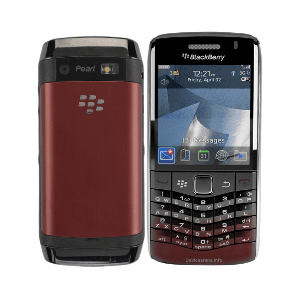 BlackBerry Pearl 3G 9100 smartphone with compact design, featuring a black exterior, SureType keyboard, and trackpad for navigation.