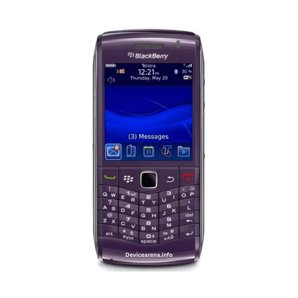 BlackBerry Pearl 3G 9100 smartphone with compact design, featuring a black exterior, SureType keyboard, and trackpad for navigation.