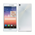 Front and back view of the Huawei Ascend P7 smartphone, featuring a sleek black design, 5-inch display, and glass back panel with a slim profile.