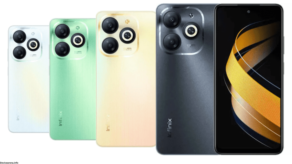 Infinix Smart 8 smartphone with a sleek design, vibrant display, and dual rear cameras, featured on Device Arena.