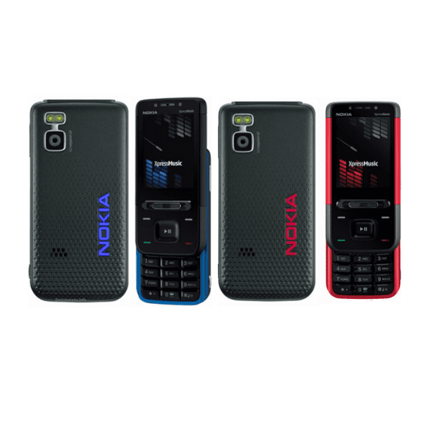 "A classic Nokia 5610 mobile phone with a black and red sliding design, featuring a numeric keypad, 2.2-inch display, and dedicated music control buttons.