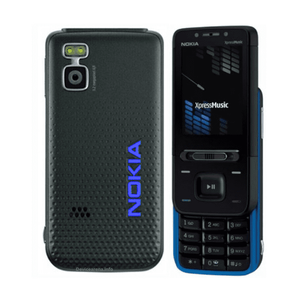 "A classic Nokia 5610 mobile phone with a black and red sliding design, featuring a numeric keypad, 2.2-inch display, and dedicated music control buttons.