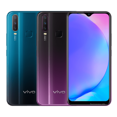 A sleek Vivo Y17 smartphone featuring a glossy gradient finish, triple rear camera setup, and a vibrant display.