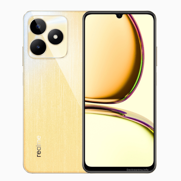 A Realme C53 smartphone with a sleek, modern design, showcasing a large display, dual camera setup, and gold finish.