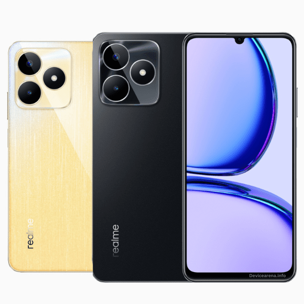 A Realme C53 smartphone with a sleek, modern design, showcasing a large display, dual camera setup, and gold finish.