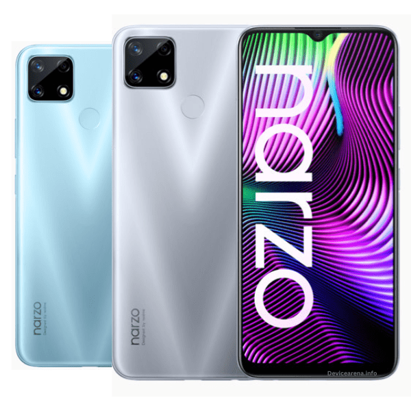 A sleek Realme Narzo 20 smartphone with a 6.5-inch display, triple-camera setup, and a rear-mounted fingerprint sensor, placed against a modern background.