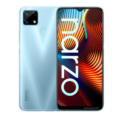 A sleek Realme Narzo 20 smartphone with a 6.5-inch display, triple-camera setup, and a rear-mounted fingerprint sensor, placed against a modern background.