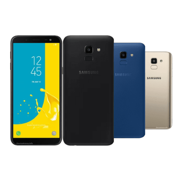 A Samsung Galaxy J6 smartphone with a sleek black design, featuring a 5.6-inch HD+ Infinity Display and a rear-mounted fingerprint sensor.