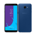 A Samsung Galaxy J6 smartphone with a sleek black design, featuring a 5.6-inch HD+ Infinity Display and a rear-mounted fingerprint sensor.
