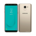 A Samsung Galaxy J6 smartphone with a sleek black design, featuring a 5.6-inch HD+ Infinity Display and a rear-mounted fingerprint sensor.