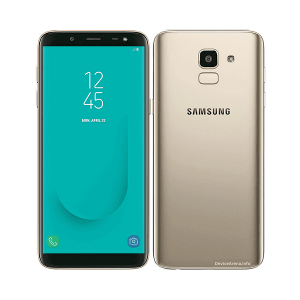 A Samsung Galaxy J6 smartphone with a sleek black design, featuring a 5.6-inch HD+ Infinity Display and a rear-mounted fingerprint sensor.