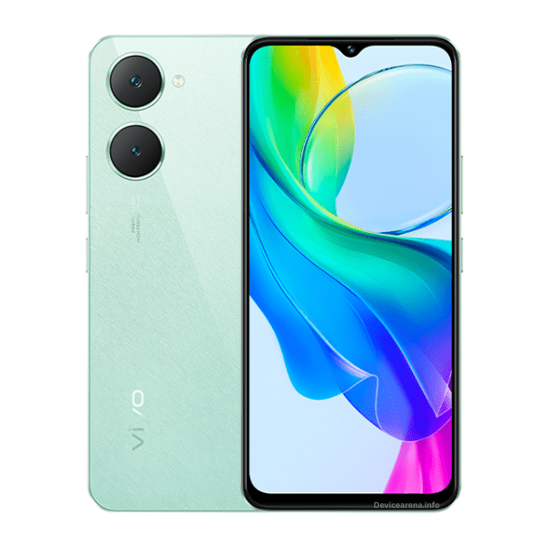 A sleek Vivo Y03T smartphone, showcasing its thin design and vibrant display, positioned on a clean surface with its reflective back cover.