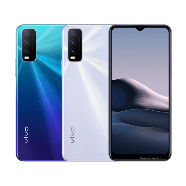 A sleek Vivo Y20 smartphone with a vibrant display, slim design, and triple rear cameras, placed on a white surface.