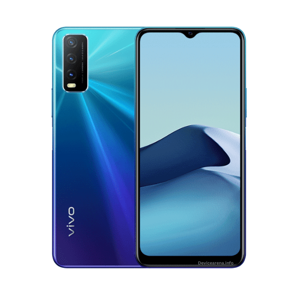 A sleek Vivo Y20 smartphone with a vibrant display, slim design, and triple rear cameras, placed on a white surface.