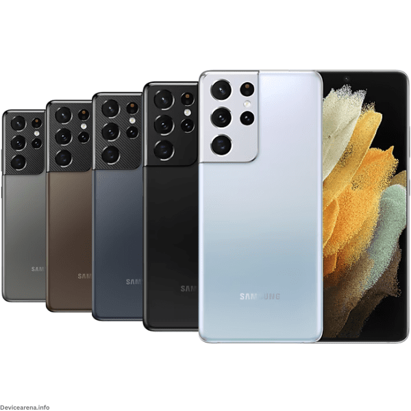 Samsung Galaxy S21 Ultra 5G featuring a sleek design with a quad-camera setup and Infinity-O display, available at Device Arena.