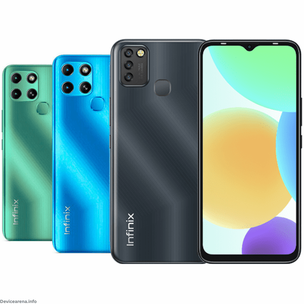 Front and back view of Infinix Smart 6 in green, showcasing its sleek design and dual-camera setup.