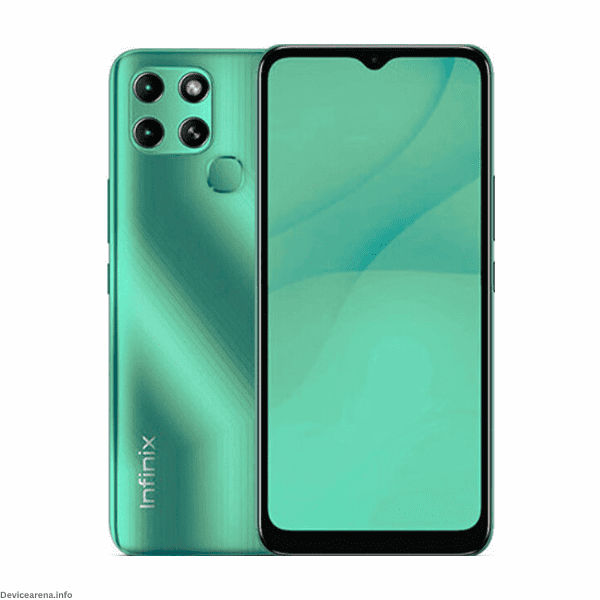 Front and back view of Infinix Smart 6 in green, showcasing its sleek design and dual-camera setup.