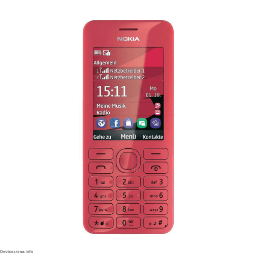 A sleek Nokia 206 mobile phone with a classic candy-bar design and vibrant 2.4-inch display.