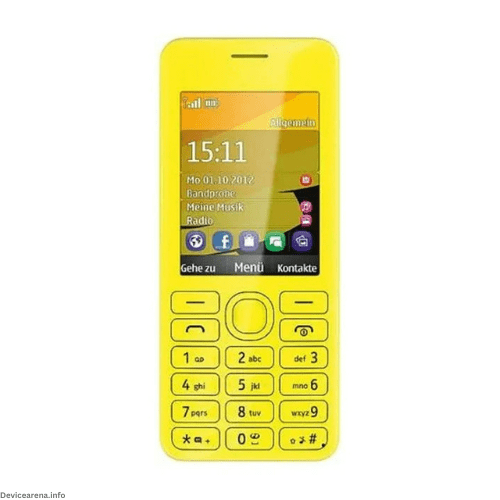 A sleek Nokia 206 mobile phone with a classic candy-bar design and vibrant 2.4-inch display.