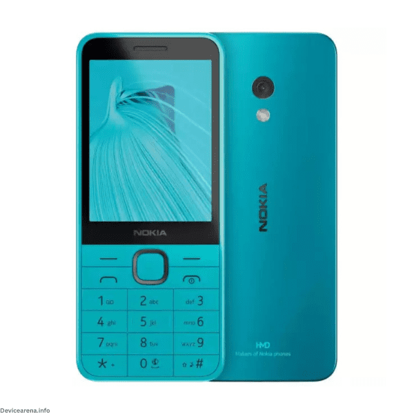 Front and back view of the Nokia 208 mobile phone, showcasing its compact design, colorful body, and alphanumeric keypad.
