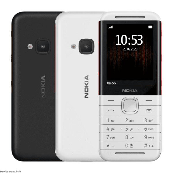 Classic Nokia 5310 mobile phone with dual speakers, music controls, and a sleek black-and-red design.