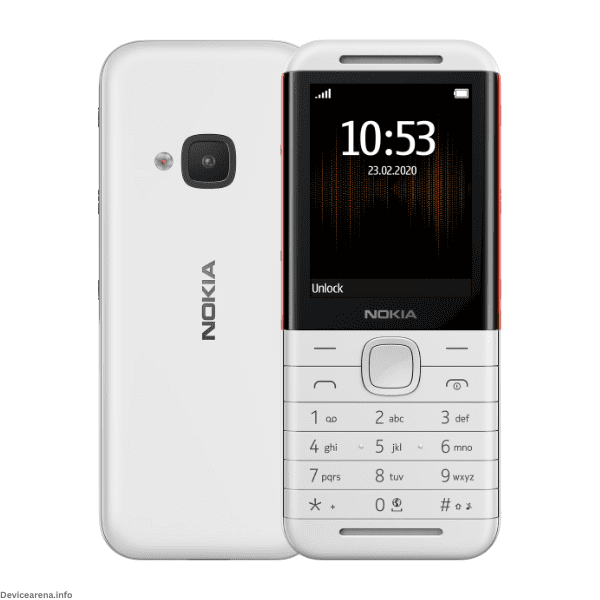 Classic Nokia 5310 mobile phone with dual speakers, music controls, and a sleek black-and-red design.