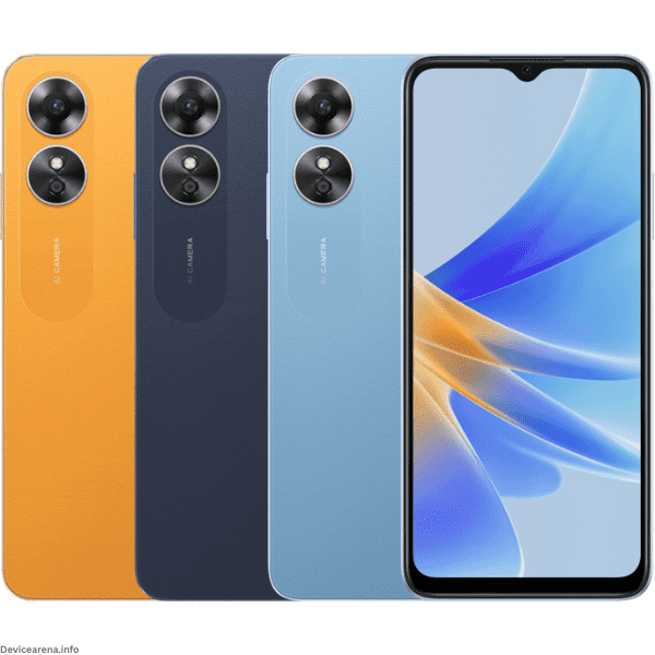 Oppo A17 smartphone showcasing its sleek design and advanced camera setup.