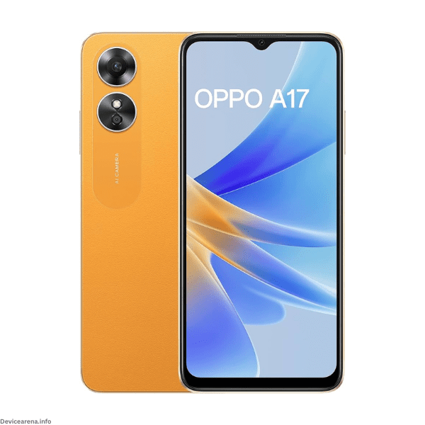 Oppo A17 smartphone showcasing its sleek design and advanced camera setup.