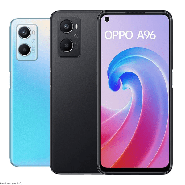 A sleek Oppo A96 smartphone with a vibrant display and stylish design, showcased in radiant blue color.