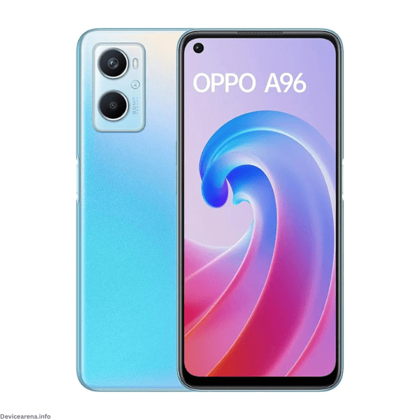 A sleek Oppo A96 smartphone with a vibrant display and stylish design, showcased in radiant blue color.