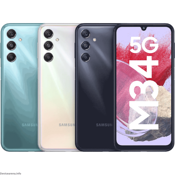 Samsung Galaxy M34 5G smartphone featuring a sleek design with a vibrant display, triple rear camera setup, and modern aesthetics, available at Device Arena.