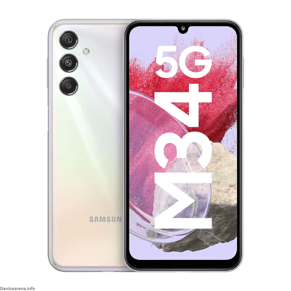 Samsung Galaxy M34 5G smartphone featuring a sleek design with a vibrant display, triple rear camera setup, and modern aesthetics, available at Device Arena.