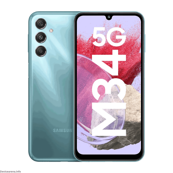Samsung Galaxy M34 5G smartphone featuring a sleek design with a vibrant display, triple rear camera setup, and modern aesthetics, available at Device Arena.