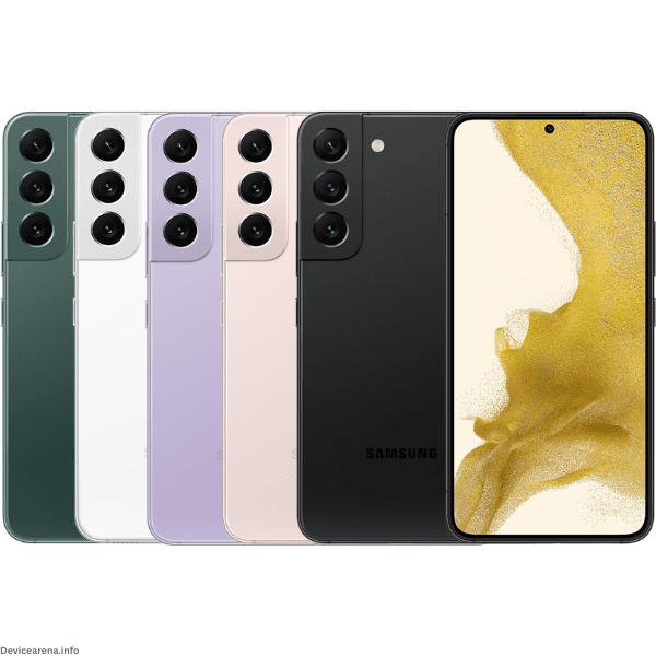 A sleek Samsung S22 smartphone featuring a premium design with a glass back, triple rear cameras, and an immersive display.