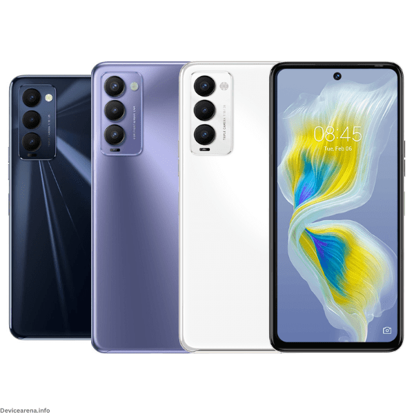 Front and back view of the Tecno Camon 18T, showcasing its sleek design and vibrant display.