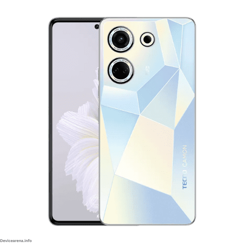 Front and back view of Tecno Camon 20 in dazzling color, showcasing its sleek design and powerful camera setup.