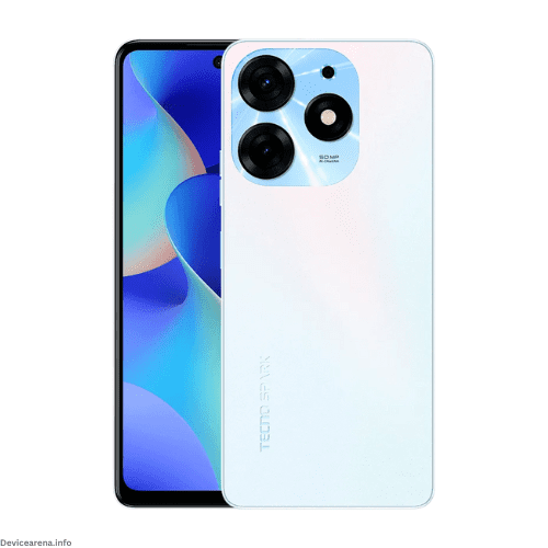 Front and back view of the Tecno Spark 10 Pro smartphone featuring a sleek design with a high-resolution display and advanced camera setup.