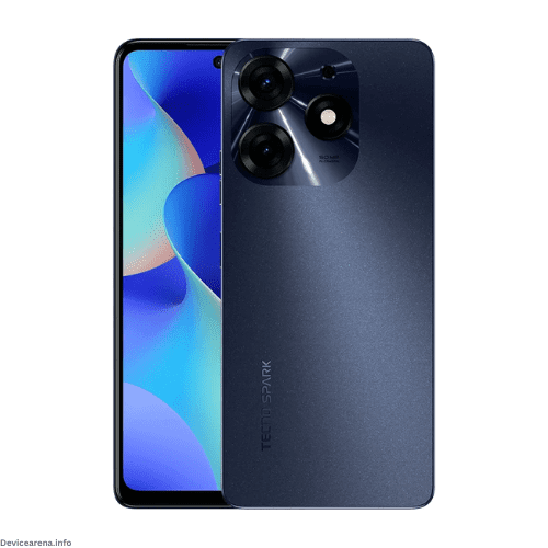 Front and back view of the Tecno Spark 10 Pro smartphone featuring a sleek design with a high-resolution display and advanced camera setup.