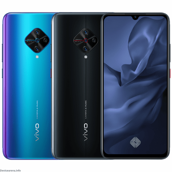 Vivo S1 Pro smartphone showcasing a sleek design, vibrant display, and quad-camera setup, featured on Device Arena.