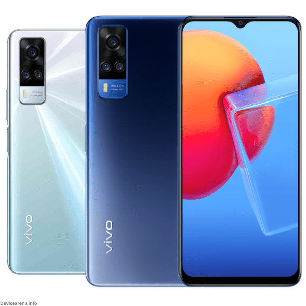 Front and back view of the Vivo Y51s in Crystal Blue color, showcasing its sleek design, triple camera setup, and vibrant display.