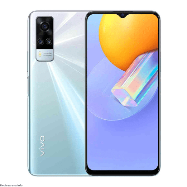 Front and back view of the Vivo Y51s in Crystal Blue color, showcasing its sleek design, triple camera setup, and vibrant display.