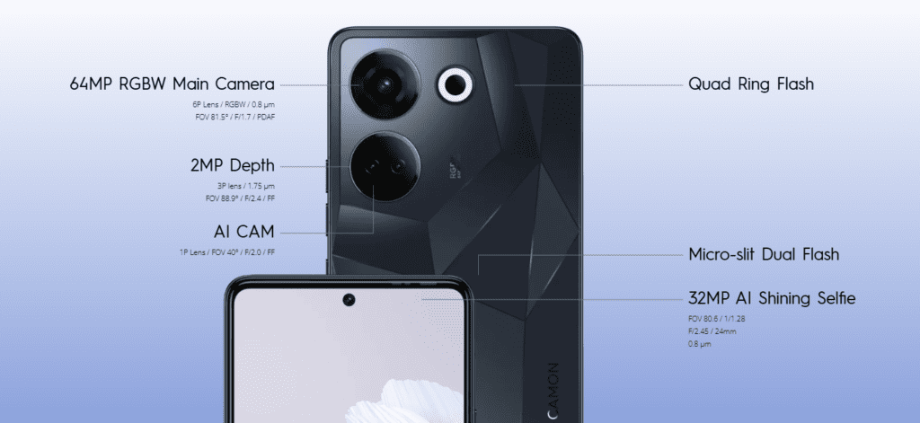 Tecno Camon 20 in showcasing its sleek design and powerful camera setup.