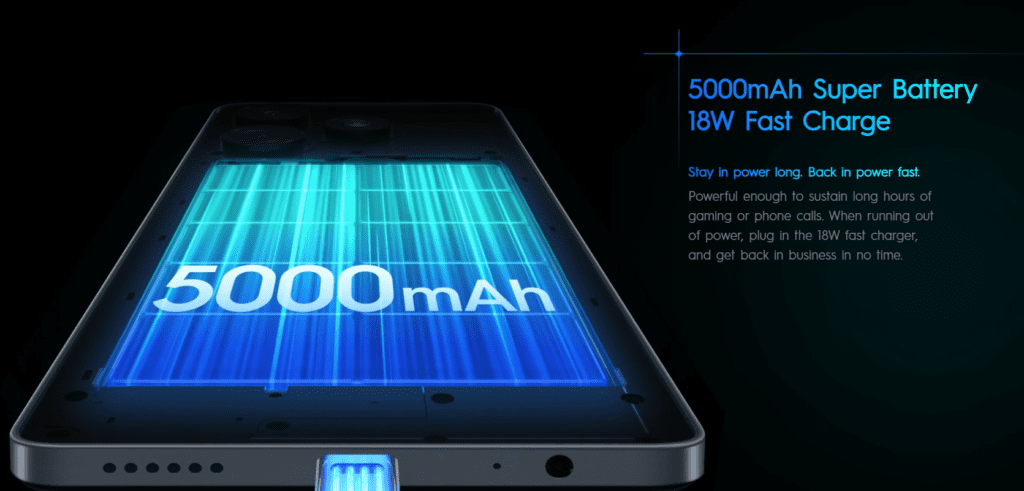 Tecno Spark 10 Pro smartphone Showing Battery Features, 18W Fast Charging and battery mAh.